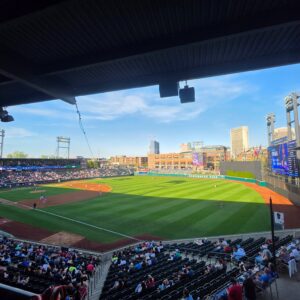 Baseball field and skyline in evening light
