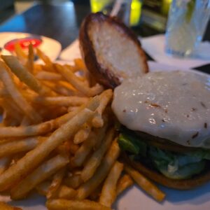 Burger and fries on a restaurant table